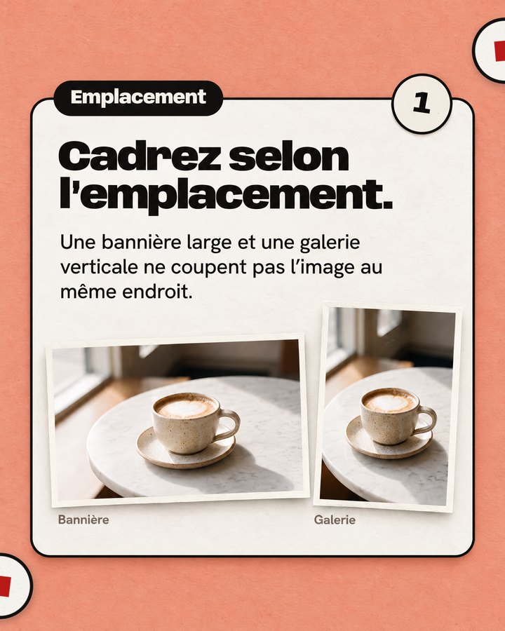 Emplacement. Cadrez selon l’emplacement. Une bannière large et une galerie verticale ne coupent pas l’image au même endroit. Une tasse de café sur une table.