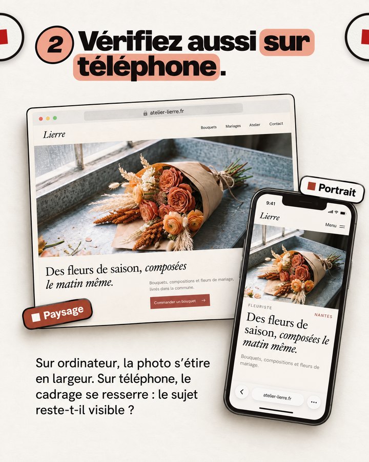 Vérifiez aussi sur téléphone. Sur ordinateur, la photo s’étire en largeur. Sur téléphone, le cadrage se resserre : le sujet reste-t-il visible ? Un écran d’ordinateur et un téléphone affichent le site d’un fleuriste imaginé pour l’exemple.