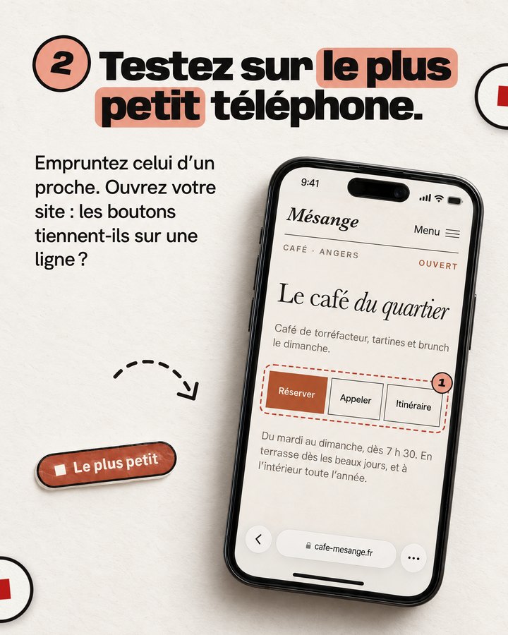 Testez sur le plus petit téléphone. Empruntez celui d’un proche. Ouvrez votre site : les boutons tiennent-ils sur une ligne ? Un téléphone affiche le site d’un café de quartier imaginé pour l’exemple.