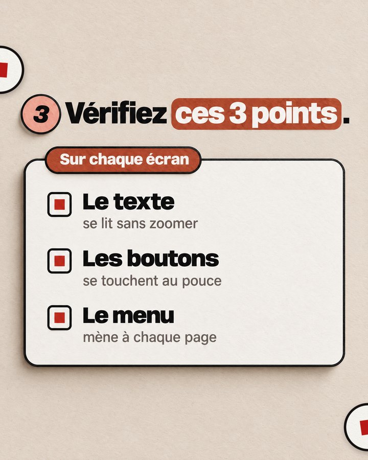 Vérifiez ces 3 points. Sur chaque écran. Le texte — se lit sans zoomer. Les boutons — se touchent au pouce. Le menu — mène à chaque page.