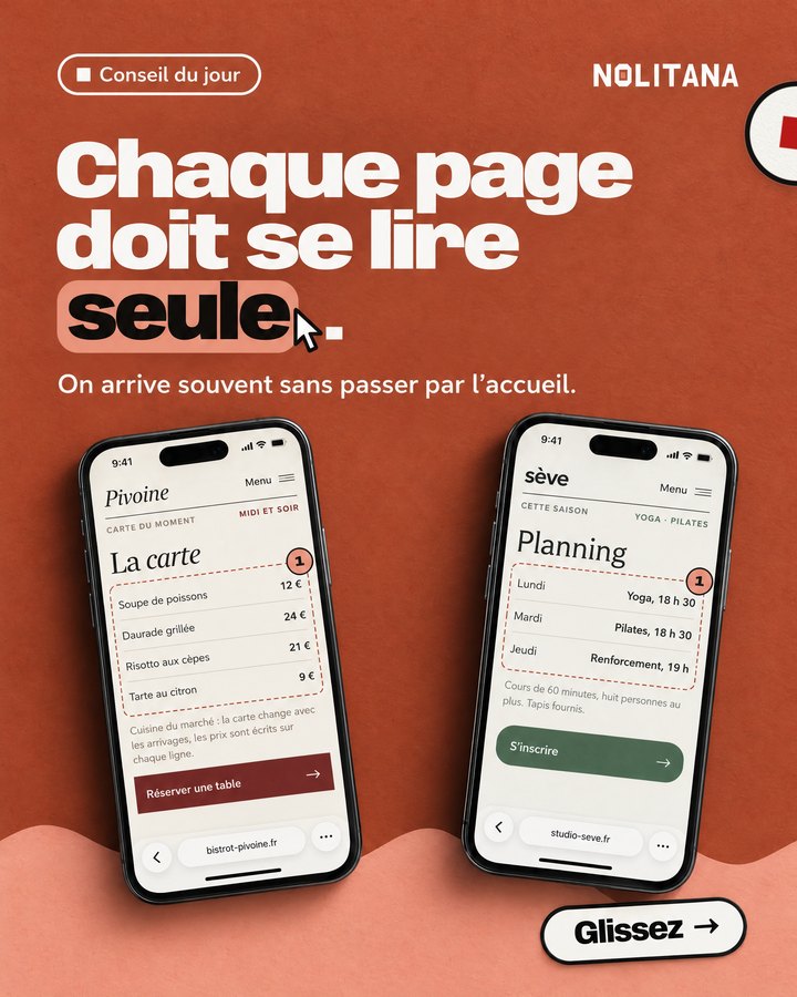 Chaque page doit se lire seule. On arrive souvent sans passer par l’accueil. Un téléphone affiche le site d’un studio de yoga et de Pilates imaginé pour l’exemple. Un autre téléphone affiche le site d’un bistrot imaginé pour l’exemple.