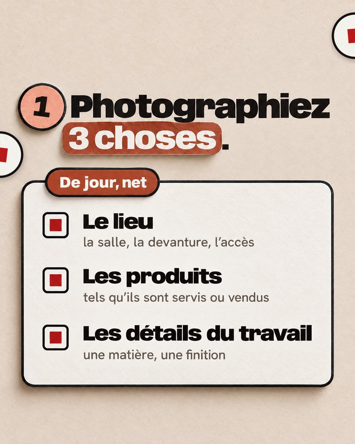 Photographiez 3 choses. De jour, net. Le lieu — la salle, la devanture, l’accès. Les produits — tels qu’ils sont servis ou vendus. Les détails du travail — une matière, une finition.