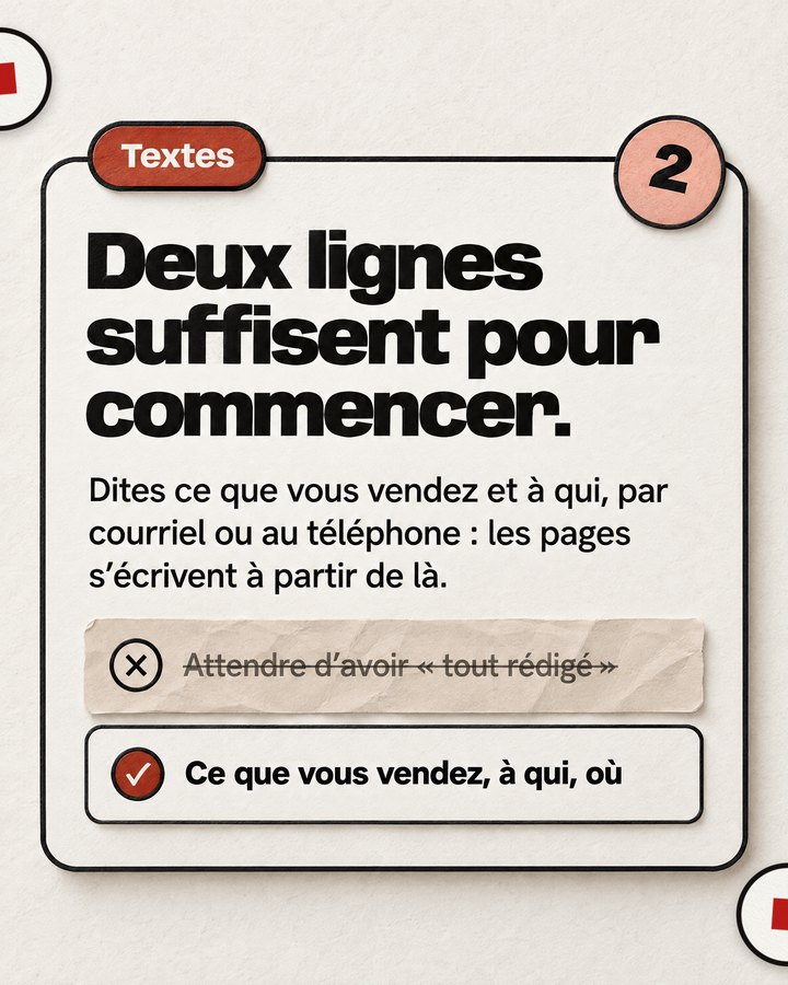 Textes. Deux lignes suffisent pour commencer. Dites ce que vous vendez et à qui, par courriel ou au téléphone : les pages s’écrivent à partir de là. Barré : « Attendre d’avoir « tout rédigé » ». Validé : « Ce que vous vendez, à qui, où ».
