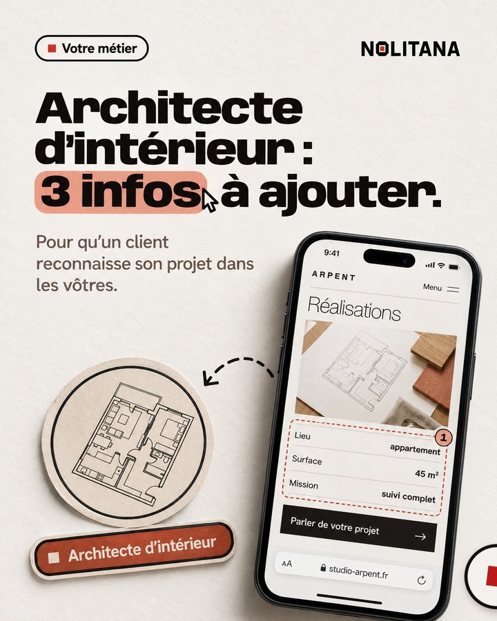 Architecte d’intérieur : 3 infos à ajouter. Pour qu’un client reconnaisse son projet dans les vôtres. Un téléphone affiche le site d’un studio d’architecture intérieure imaginé pour l’exemple.