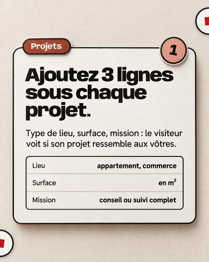 Projets. Ajoutez 3 lignes sous chaque projet. Type de lieu, surface, mission : le visiteur voit si son projet ressemble aux vôtres.