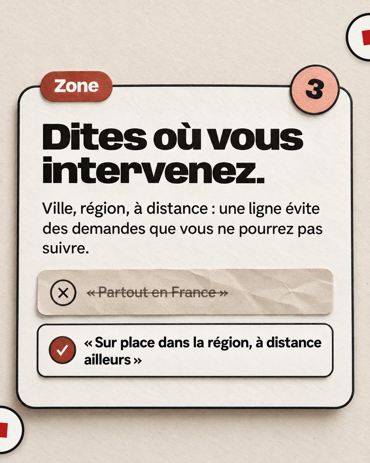 Zone. Dites où vous intervenez. Ville, région, à distance : une ligne évite des demandes que vous ne pourrez pas suivre. Barré : « Partout en France ». Validé : « Sur place dans la région, à distance ailleurs ».