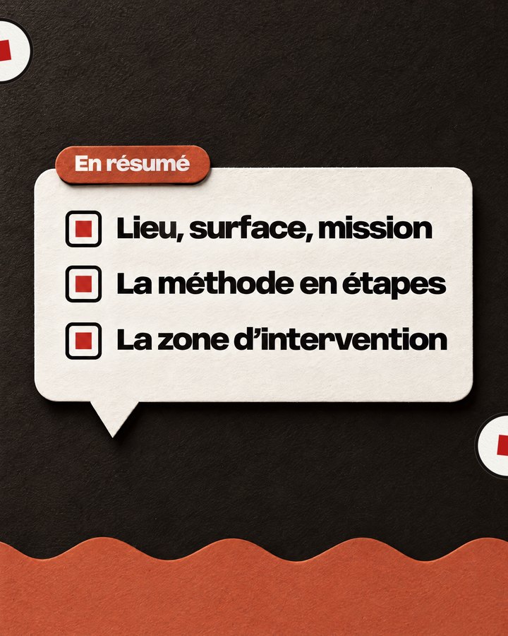En résumé. Lieu, surface, mission. La méthode en étapes. La zone d’intervention.