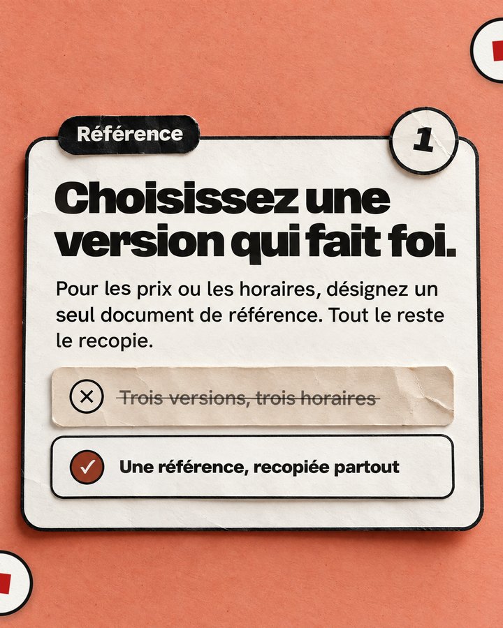 Référence. Choisissez une version qui fait foi. Pour les prix ou les horaires, désignez un seul document de référence. Tout le reste le recopie. Barré : « Trois versions, trois horaires ». Validé : « Une référence, recopiée partout ».