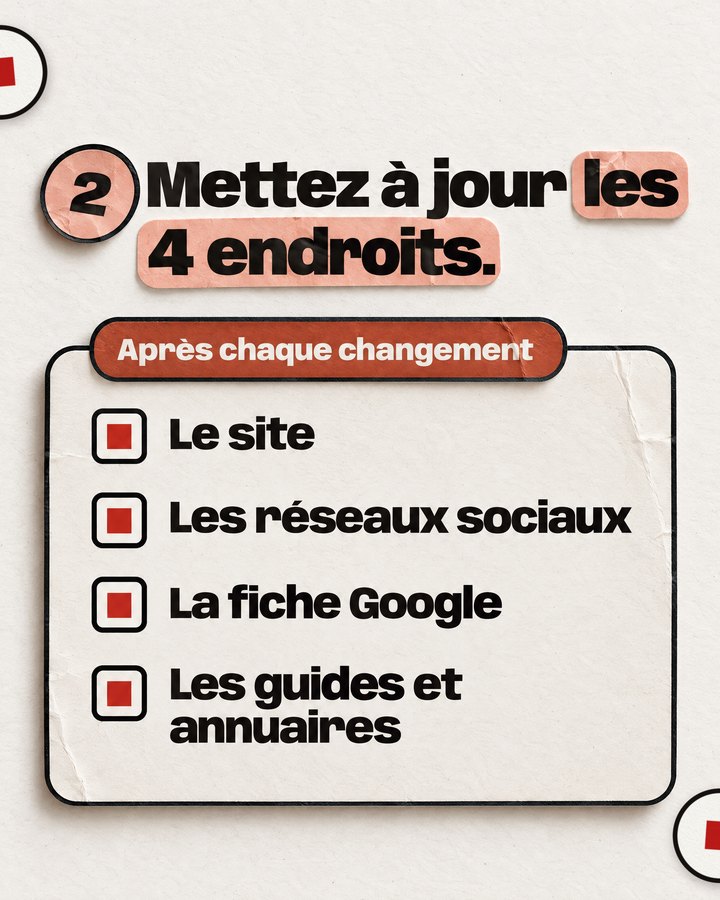 Mettez à jour les 4 endroits. Après chaque changement. Le site. Les réseaux sociaux. La fiche Google. Les guides et annuaires.