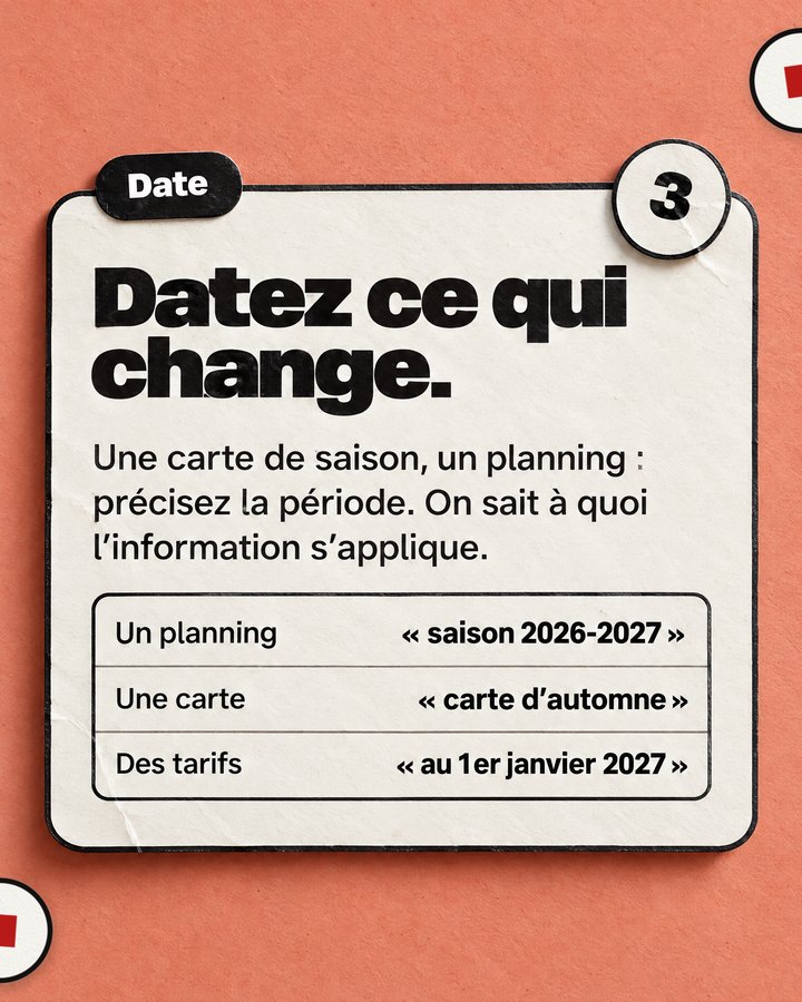 Date. Datez ce qui change. Une carte de saison, un planning : précisez la période. On sait à quoi l’information s’applique.