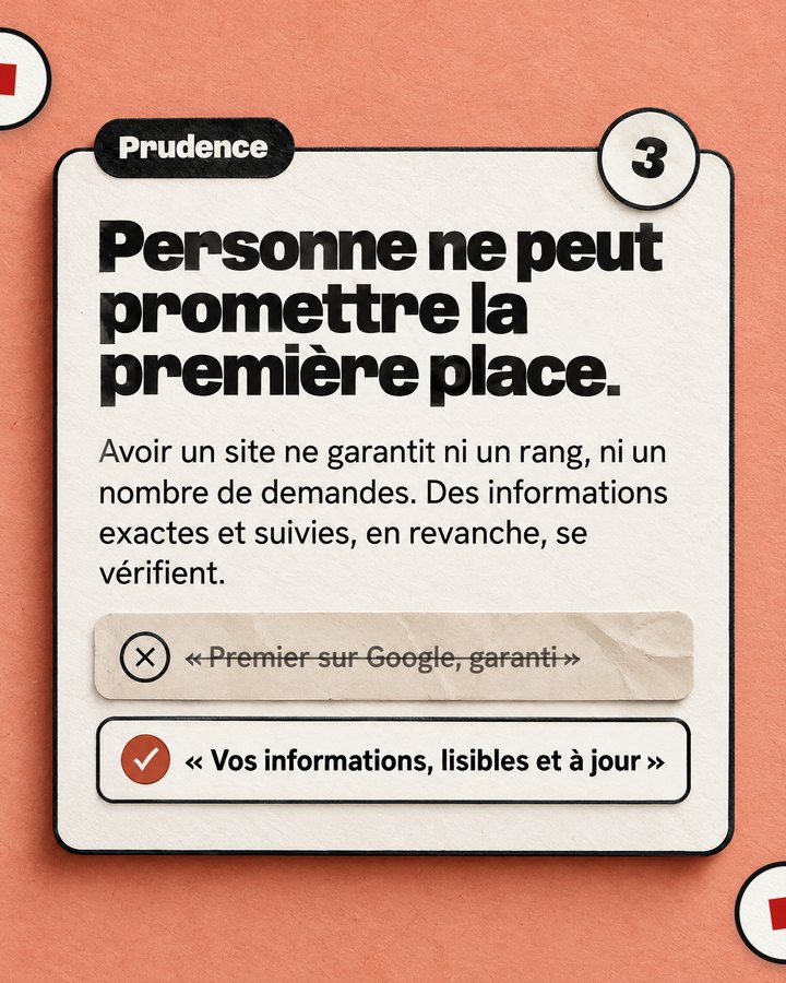 Prudence. Personne ne peut promettre la première place. Avoir un site ne garantit ni un rang, ni un nombre de demandes. Des informations exactes et suivies, en revanche, se vérifient. Barré : « Premier sur Google, garanti ». Validé : « Vos informations, lisibles et à jour ».