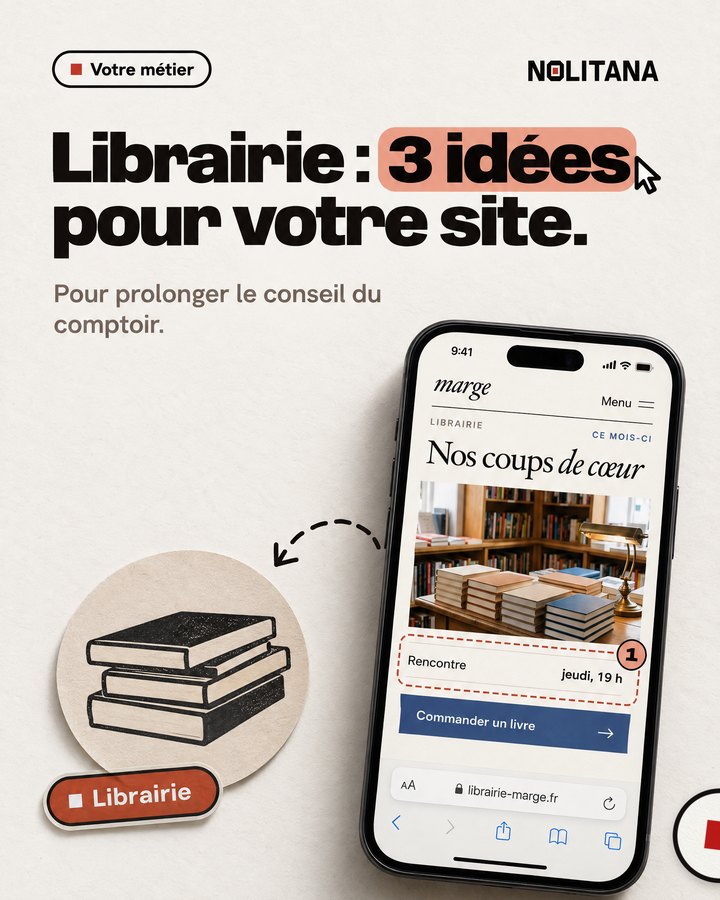 Librairie : 3 idées pour votre site. Pour prolonger le conseil du comptoir. Un téléphone affiche le site d’une librairie imaginée pour l’exemple.