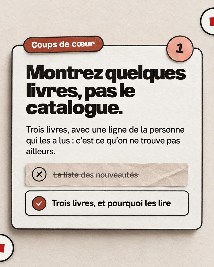 Coups de cœur. Montrez quelques livres, pas le catalogue. Trois livres, avec une ligne de la personne qui les a lus : c’est ce qu’on ne trouve pas ailleurs. Barré : « La liste des nouveautés ». Validé : « Trois livres, et pourquoi les lire ».