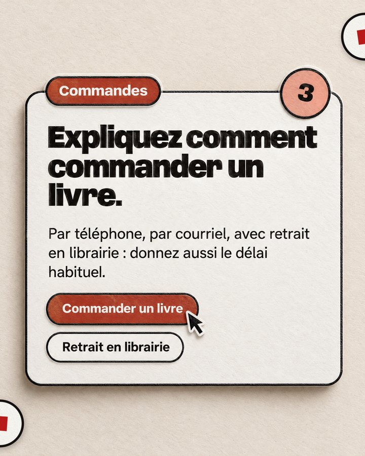 Commandes. Expliquez comment commander un livre. Par téléphone, par courriel, avec retrait en librairie : donnez aussi le délai habituel.