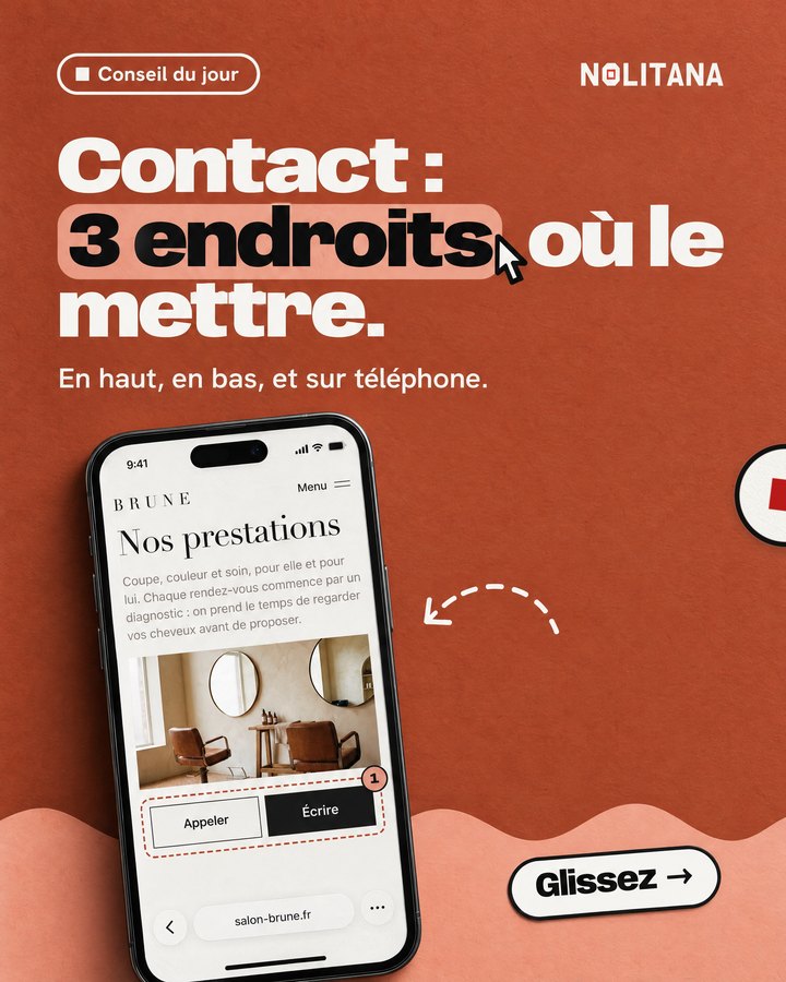Contact : 3 endroits où le mettre. En haut, en bas, et sur téléphone. Un téléphone affiche le site d’un salon de coiffure imaginé pour l’exemple.