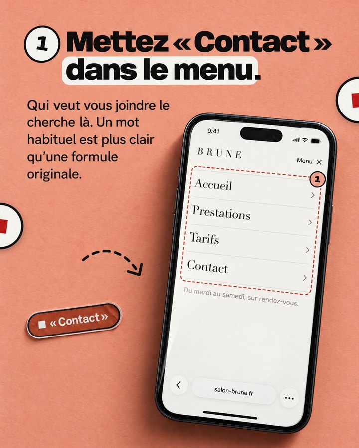Mettez « Contact » dans le menu. Qui veut vous joindre le cherche là. Un mot habituel est plus clair qu’une formule originale. Un téléphone affiche le site d’un salon de coiffure imaginé pour l’exemple.