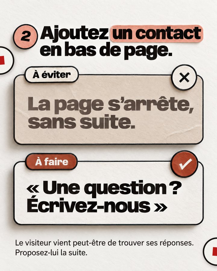Ajoutez un contact en bas de page. Le visiteur vient peut-être de trouver ses réponses. Proposez-lui la suite. À éviter : La page s’arrête, sans suite. À faire : « Une question ? Écrivez-nous ».