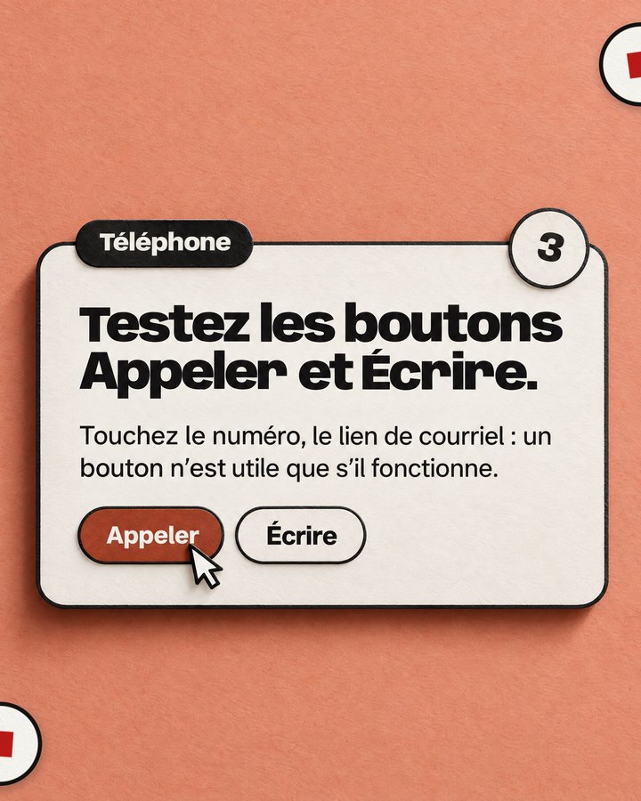 Téléphone. Testez les boutons. Appeler et Écrire. Touchez le numéro, le lien de courriel : un bouton n’est utile que s’il fonctionne.