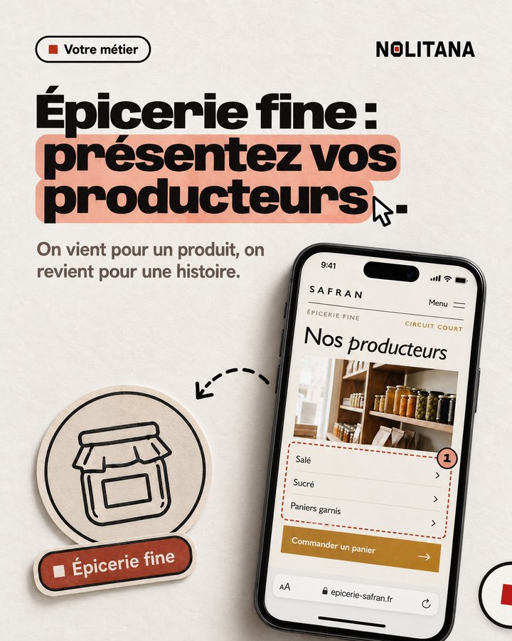 Épicerie fine : présentez vos producteurs. On vient pour un produit, on revient pour une histoire. Un téléphone affiche le site d’une épicerie fine imaginée pour l’exemple.