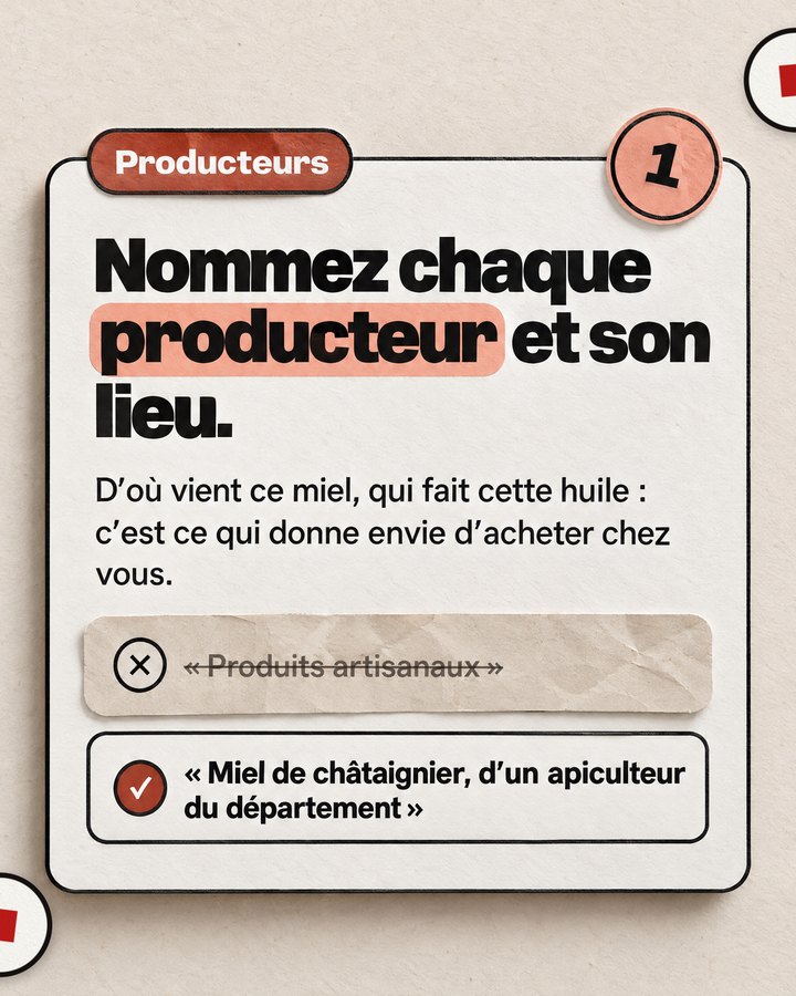 Producteurs. Nommez chaque producteur et son lieu. D’où vient ce miel, qui fait cette huile : c’est ce qui donne envie d’acheter chez vous. Barré : « Produits artisanaux ». Validé : « Miel de châtaignier, d’un apiculteur du département ».