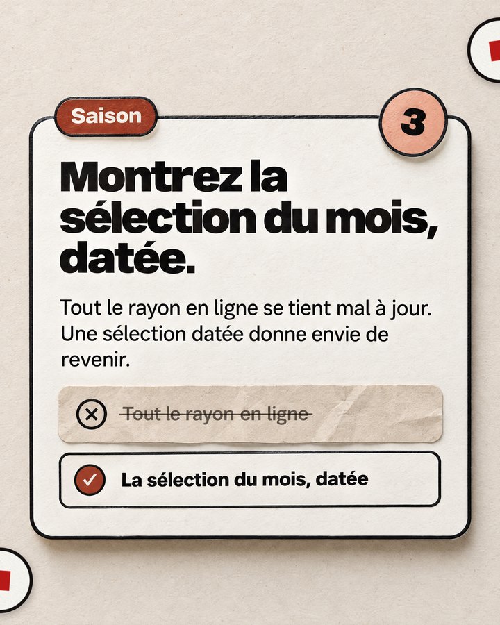 Saison. Montrez la sélection du mois, datée. Tout le rayon en ligne se tient mal à jour. Une sélection datée donne envie de revenir.