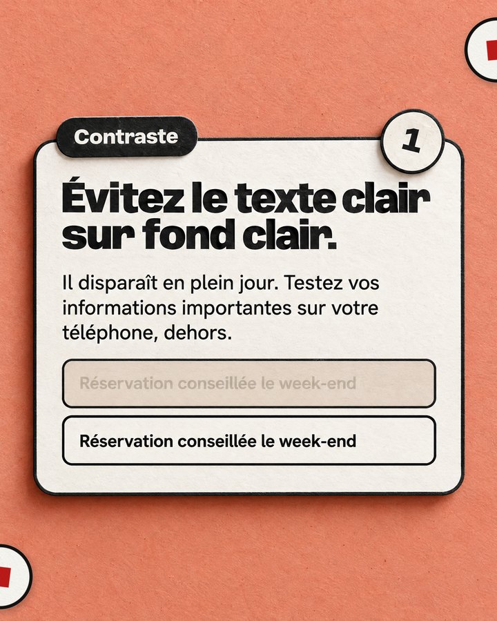 Contraste. Évitez le texte clair sur fond clair. Il disparaît en plein jour. Testez vos informations importantes sur votre téléphone, dehors.