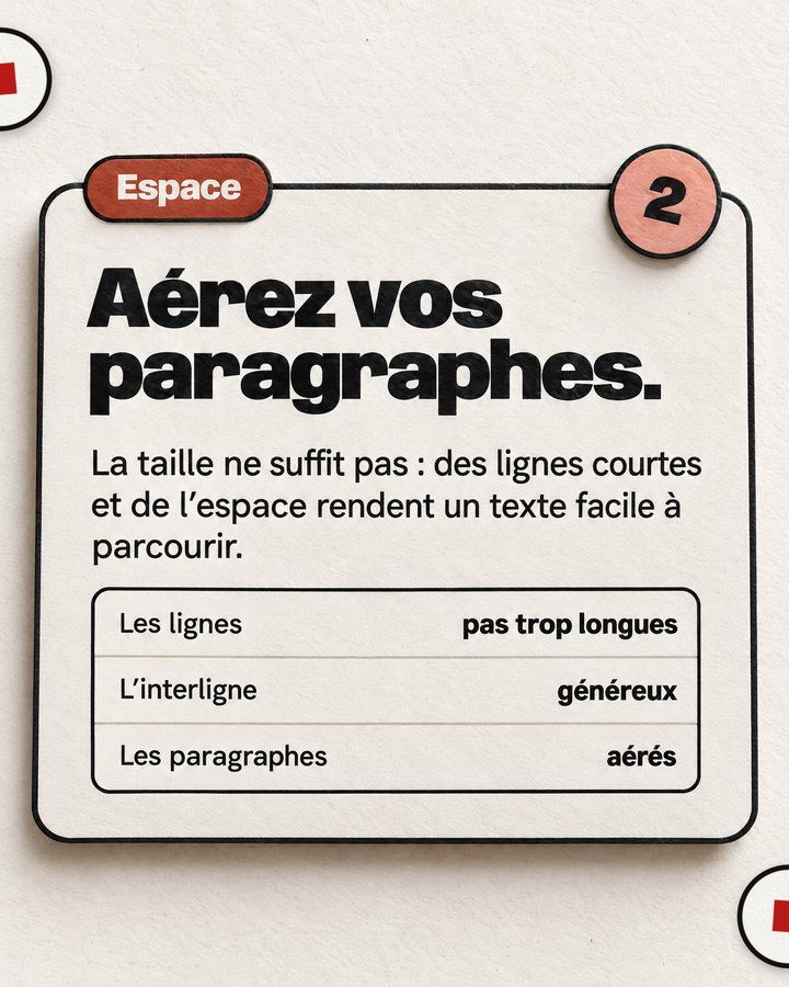 Espace. Aérez vos paragraphes. La taille ne suffit pas : des lignes courtes et de l’espace rendent un texte facile à parcourir.