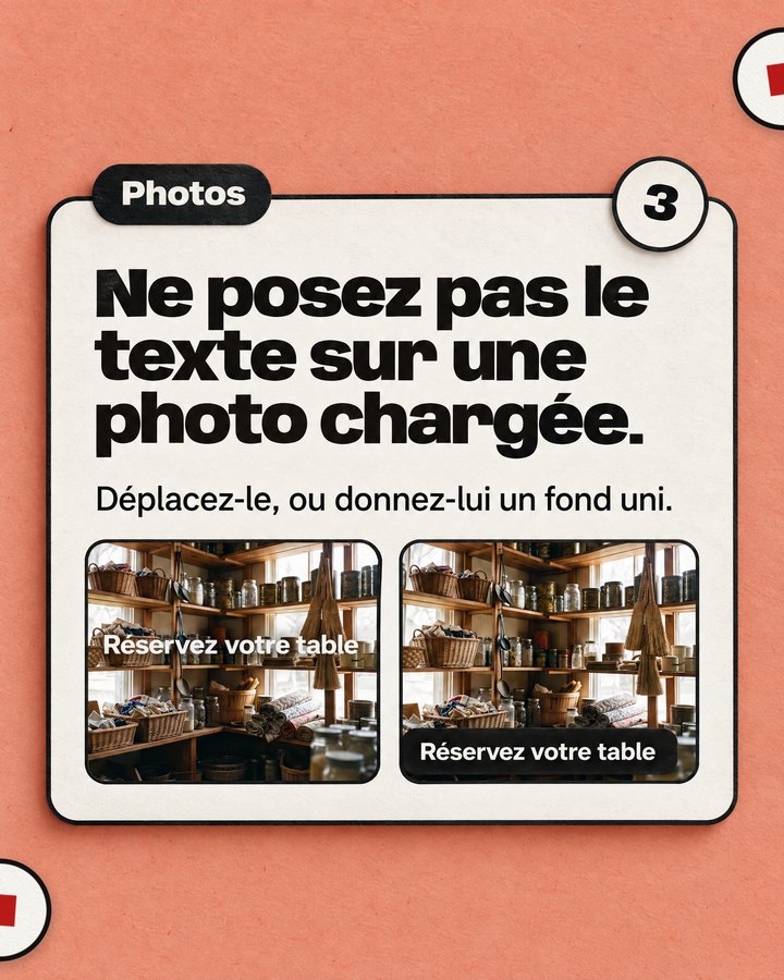 Photos. Ne posez pas le texte sur une photo chargée. Déplacez-le, ou donnez-lui un fond uni. Un comptoir de boutique encombré.