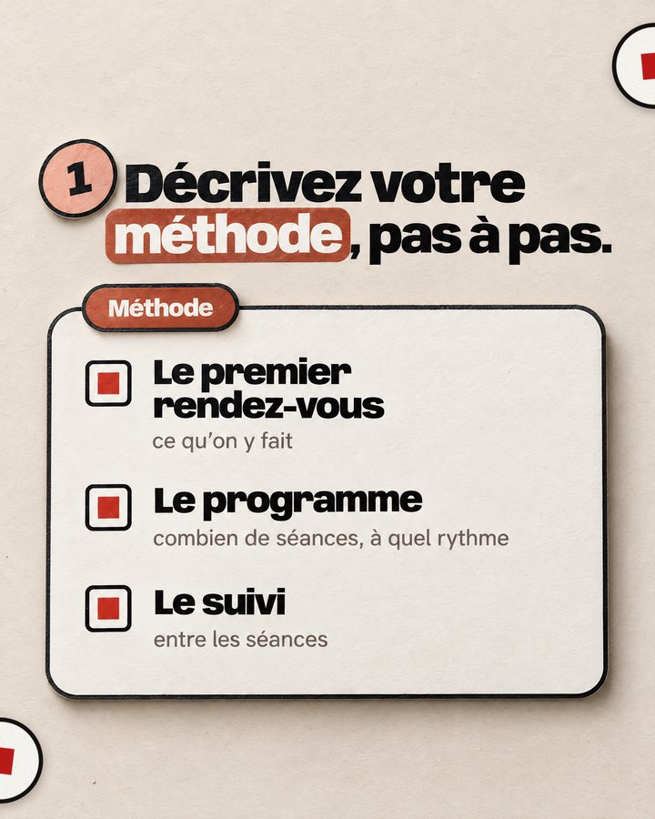 Décrivez votre méthode, pas à pas. Méthode. Le premier rendez-vous — ce qu’on y fait. Le programme — combien de séances, à quel rythme. Le suivi — entre les séances.