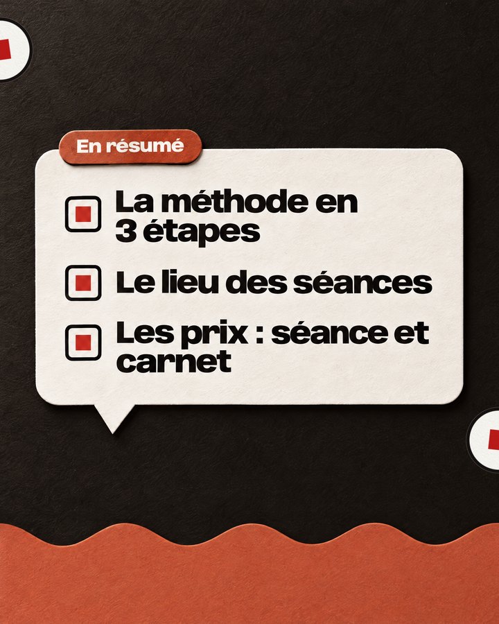En résumé. La méthode en 3 étapes. Le lieu des séances. Les prix : séance et carnet.