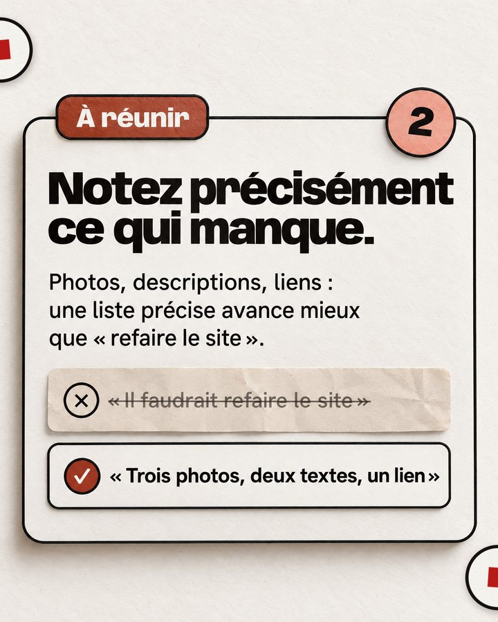 À réunir. Notez précisément ce qui manque. Photos, descriptions, liens : une liste précise avance mieux que « refaire le site ». Barré : « Il faudrait refaire le site ». Validé : « Trois photos, deux textes, un lien ».