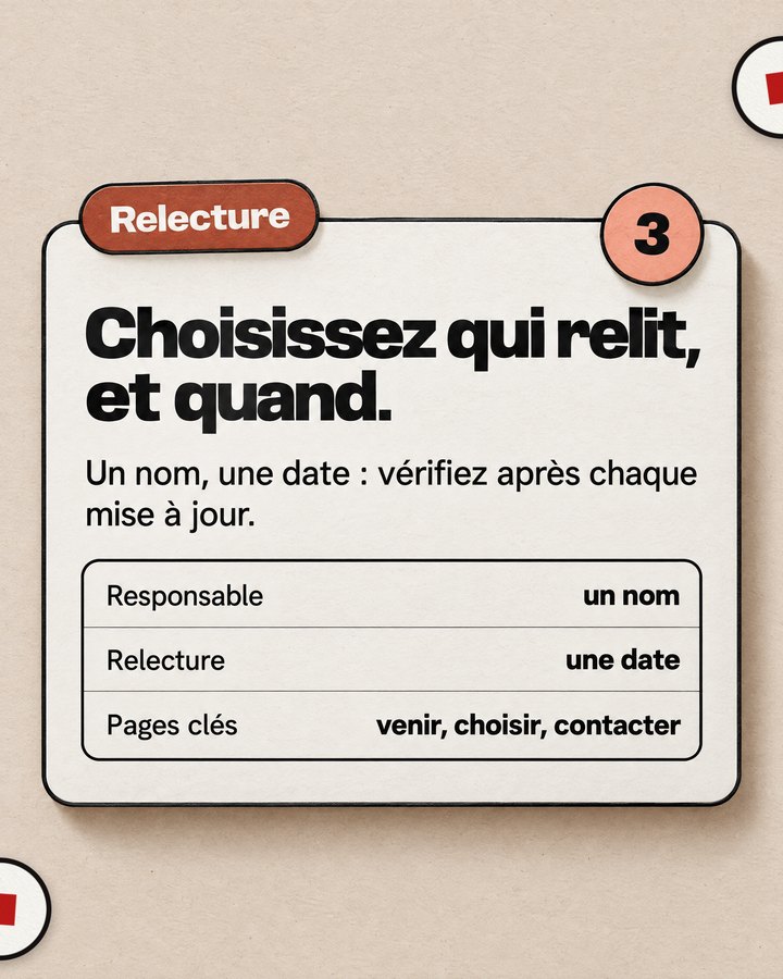 Relecture. Choisissez qui relit, et quand. Un nom, une date : vérifiez après chaque mise à jour. Responsable : un nom. Relecture : une date. Pages clés : venir, choisir, contacter.