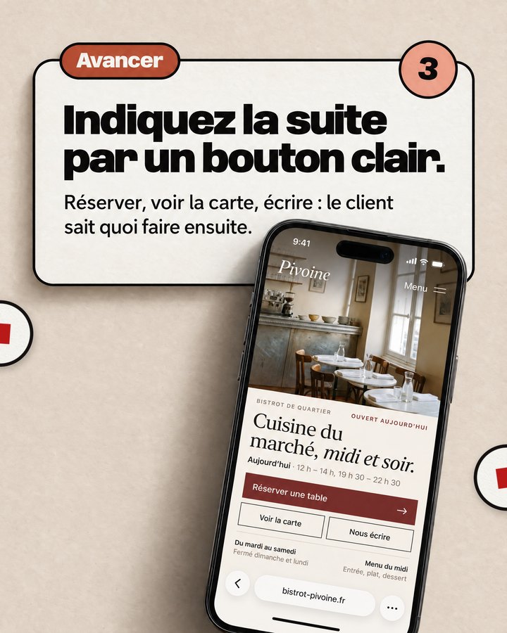 Avancer. Indiquez la suite par un bouton clair. Réserver, voir la carte, écrire : le client sait quoi faire ensuite. Sur le téléphone, les boutons « Réserver une table », « Voir la carte » et « Nous écrire ».