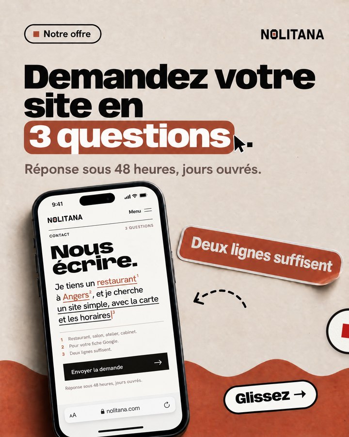 Demandez votre site en 3 questions. Réponse sous 48 heures, jours ouvrés. Un téléphone affiche la page « Nous écrire » de nolitana.com, avec l’étiquette « Deux lignes suffisent ».