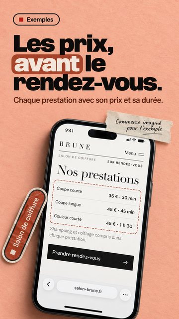 Exemples Les prix, avant le rendez-vous. Chaque prestation avec son prix et sa durée. Salon de coiffure Commerce imaginé pour l’exemple