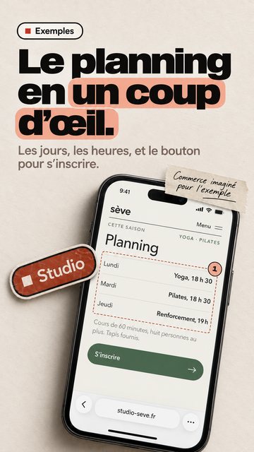 Exemples Le planning en un coup d’œil. Les jours, les heures, et le bouton pour s’inscrire. Studio Commerce imaginé pour l’exemple
