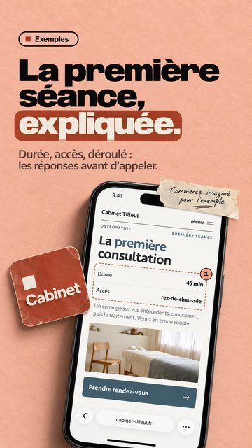 Exemples La première séance, expliquée. Durée, accès, déroulé : les réponses avant d’appeler. Cabinet Commerce imaginé pour l’exemple