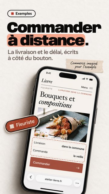Exemples Commander à distance. La livraison et le délai, écrits à côté du bouton. Fleuriste Commerce imaginé pour l’exemple