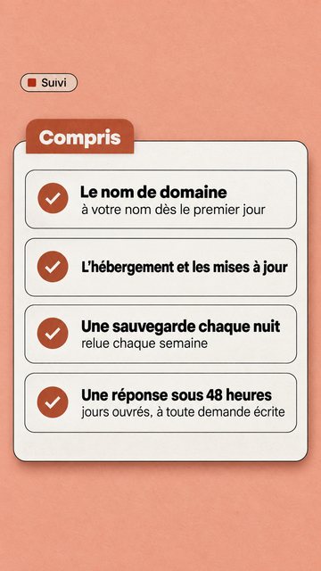 Suivi Compris Le nom de domaine à votre nom dès le premier jour L’hébergement et les mises à jour Une sauvegarde chaque nuit relue chaque semaine Une réponse sous 48 heures jours ouvrés, à toute demande écrite