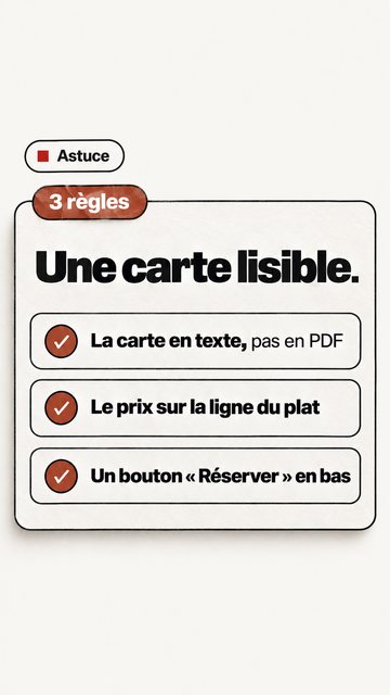Astuce 3 règles Une carte lisible. La carte en texte, pas en PDF Le prix sur la ligne du plat Un bouton « Réserver » en bas