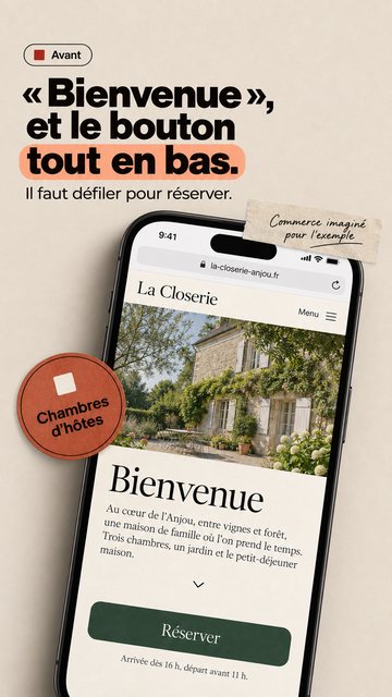Avant « Bienvenue », et le bouton tout en bas. Il faut défiler pour réserver. Chambres d’hôtes Commerce imaginé pour l’exemple