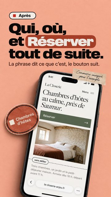 Après Qui, où, et Réserver tout de suite. La phrase dit ce que c’est, le bouton suit. Chambres d’hôtes Commerce imaginé pour l’exemple