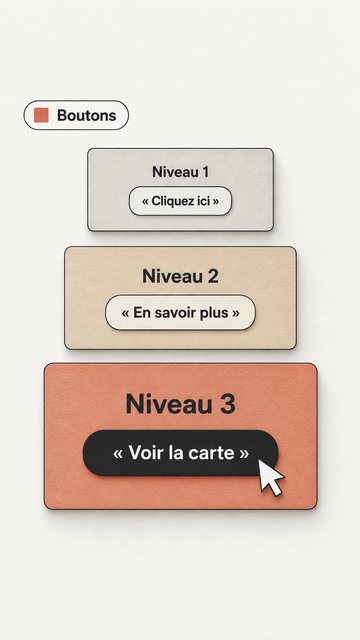 Boutons Niveau 1 « Cliquez ici » Niveau 2 « En savoir plus » Niveau 3 « Voir la carte »